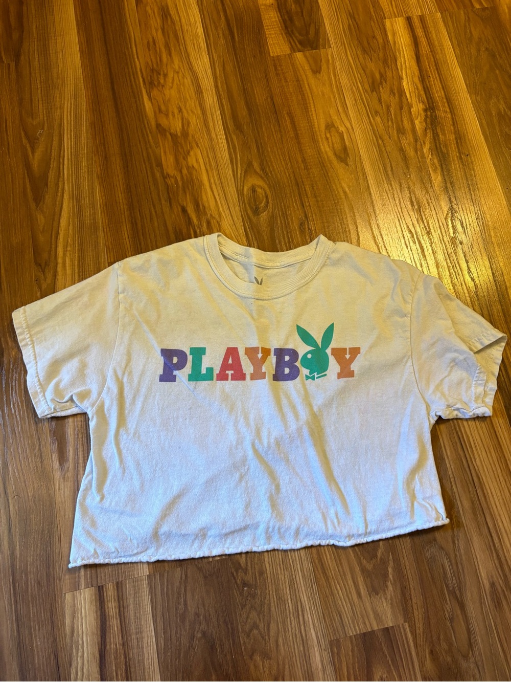 PLAYBOY White Cropped Tee with Rainbow Logo